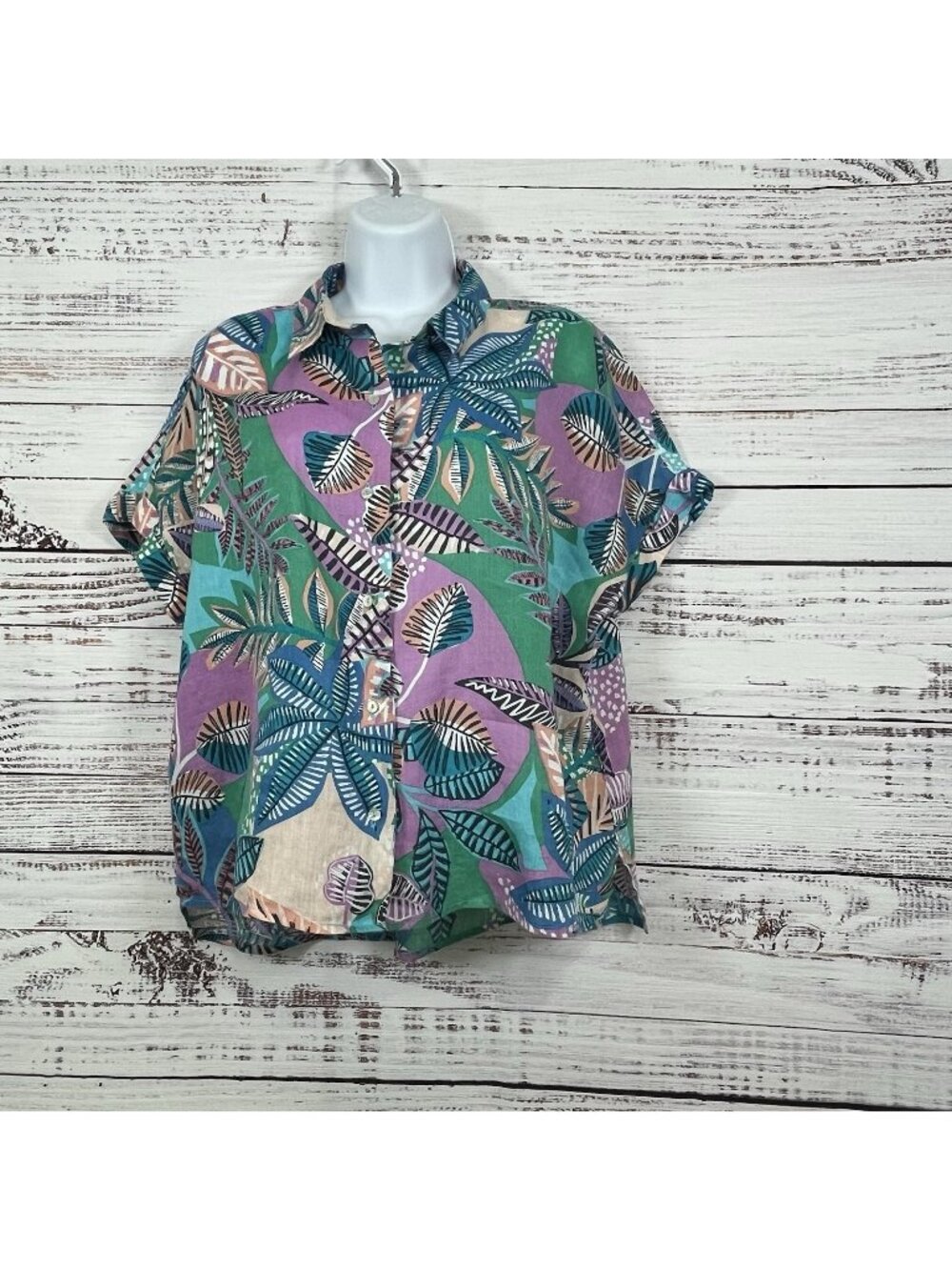 Cynthia Rowley Floral Linen Button Front Short Sleeve Shirt